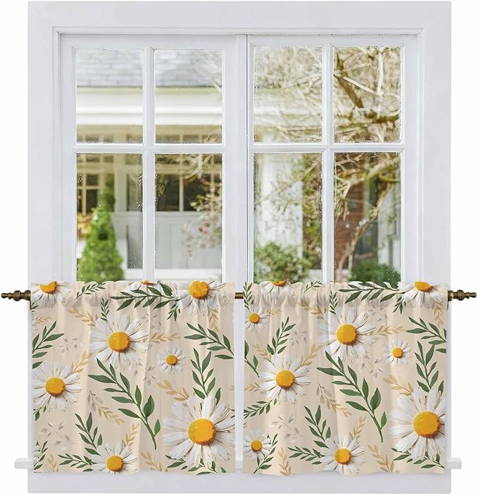 Spring Daisy Tier Curtains, Country Watercolor Flower Leaf Plant Light Filtering Kitchen Curtains, 2Pcs Rod Pocket Half Window Treatments Panels for Sink Cafe Cabinet Camper 27.5x36 Inches