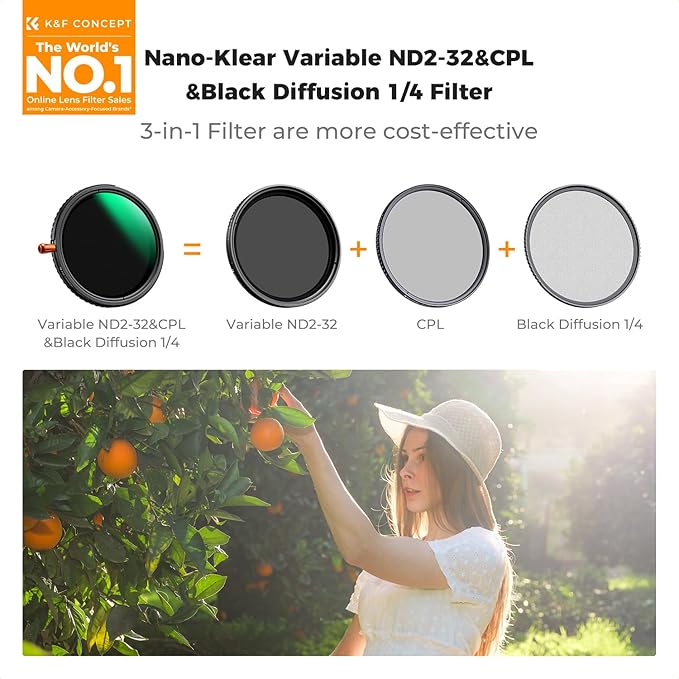 K&F CONCEPT 72mm Black Diffusion Mist Effect 1/4 & Variable ND2-32(1-5 Stops) & Circular Polarizing Filter CPL-in 1 Lens Filter with 18 Multi-Coatings for Camera Lenses (K-Series)
