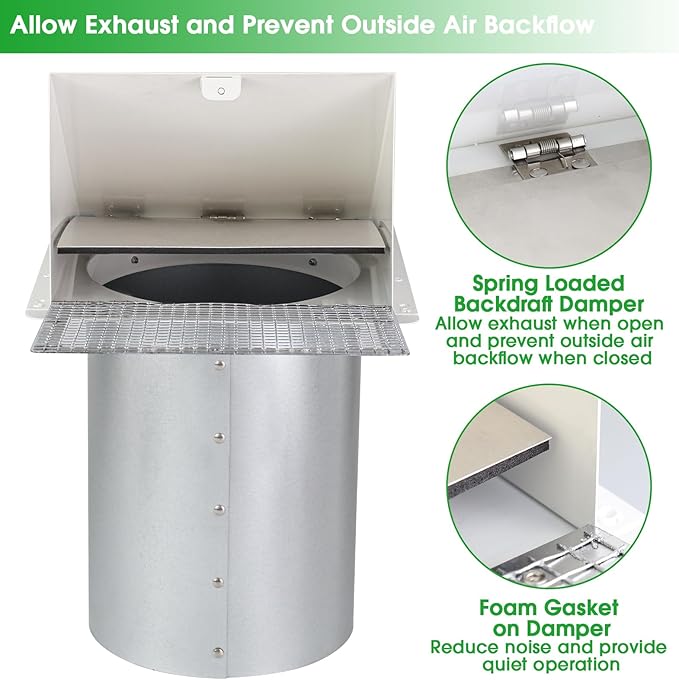 10 Inch Hooded Wall Vent with Screen and Damper,Galvanized Steel Exterior Wall Exhaust Vent Cover Cap for Kitchen Range Hood Duct Ventilation Outside Air Exhaust Applications,White