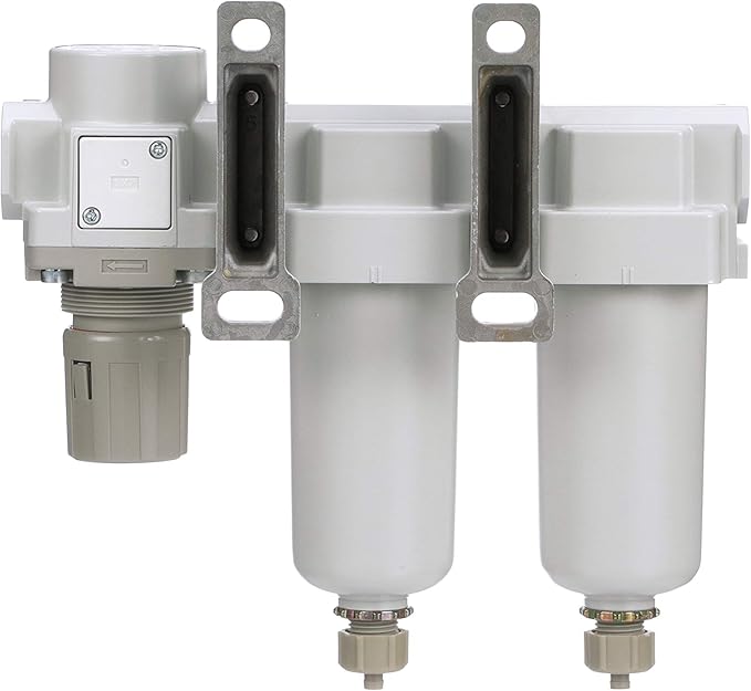 PneumaticPlus SAU430-N06G-MEP Three Stage Air Drying System Particulate Air Filter, Coalescing Filter, Air Pressure Regulator Combo 3/4" NPT - Metal Bowl, Manual Drain, Bracket, Gauge