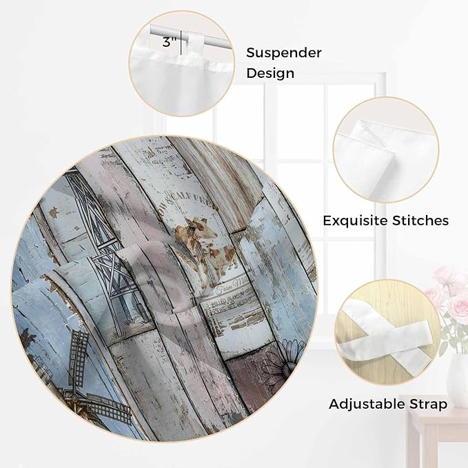 Blue Grey Wooden Bathroom Curtains 63 Inch Length, Window Curtains Tab Top, Farmhouse Barn Sunflowers Retro Light Filtering Window Treatments Drapes 52"x63" 2 Panel