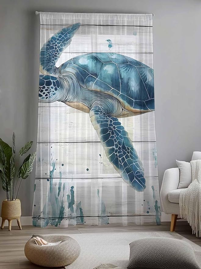 Sheer Curtains 96 Inches Long, Teal Green Ocean Turtle Semi Sheer Curtains Light Filtering Window Treatment, Coastal Seaweed Wood Grain Privacy Voile Drapes for Living Room Bedroom 52x96 Inch