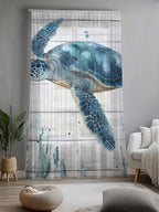 Sheer Curtains 84 Inches Long, Teal Green Ocean Turtle Semi Sheer Curtains Light Filtering Window Treatment, Coastal Seaweed Wood Grain Privacy Voile Drapes for Living Room Bedroom 52x84 Inch