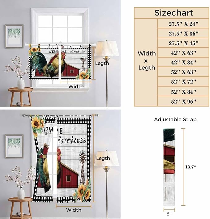 Farmhouse Rooster Living Room Curtains 96 Inch Length, Window Curtains Tab Top, Rustic Red Barn Windmill Sunflowers Light Filtering Window Treatments Drapes 52"x96" 2 Panel
