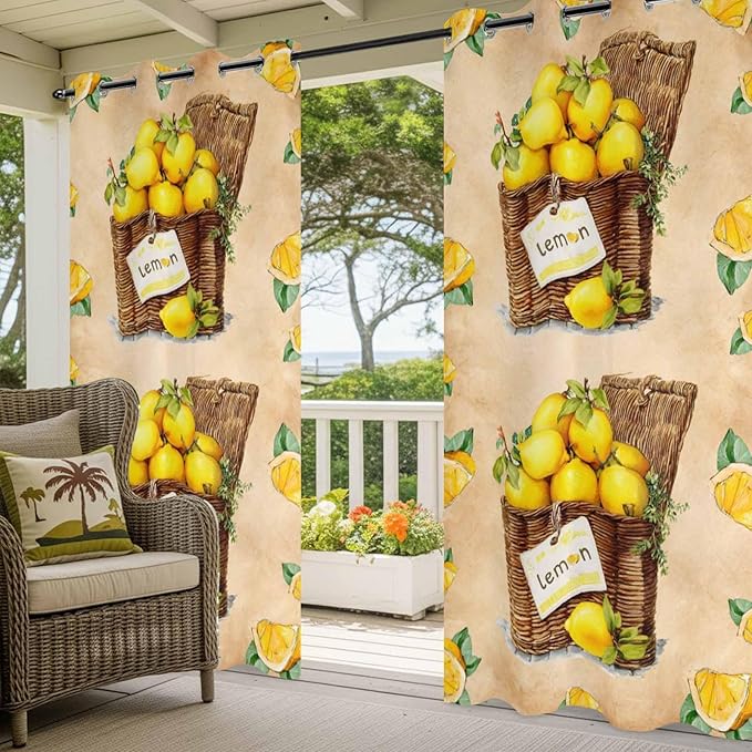 Lemon Outdoor Curtains for Patio Lemons in Baskets Summer Tropical Plant Brown Waterproof Outside Curtains with Grommet Top Weatherproof Curtain for Cabana Pergola Gazebo, 1 Panel, 54" W x 95" L