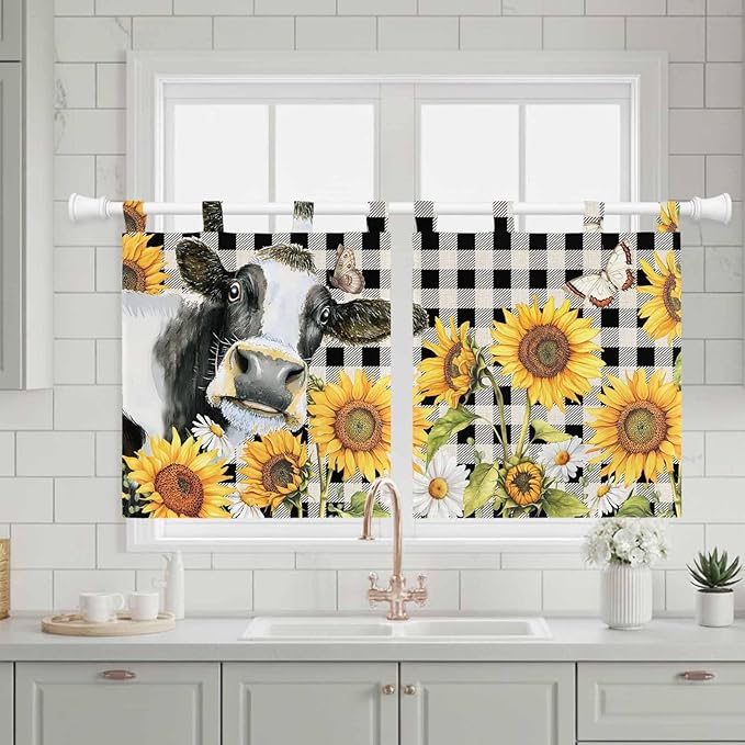 Retro Sunflowers Kitchen Curtains 24 Inch Length, Small Window Curtains Tab Top, Farmhouse Floral Cow Butterfly Black Plaid Light Filtering Short Window Treatments Tier Drapes 27.5"x24" 2 Panel
