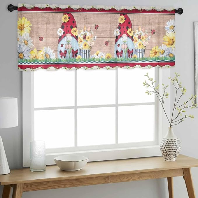 Ladybug Gnome Sheer Valance Curtains, Country Summer Rustic White Yellow Daisy Floral Wood Grain Light Filtering Kitchen Valances Rod Pocket Voile Curtain for Bedroom/Living Room/Basement 42Wx12L