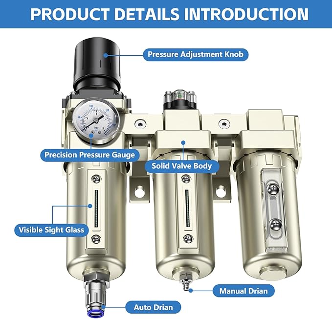 3/4" NPT 3 Stage Air Drying System,Heavy Duty Industrial Grade Air Compressor Water Separator System,Filter Oil Water Separator Dryer for Plasma Cutter and Paint Spray,0-240 PSI,Auto Drain