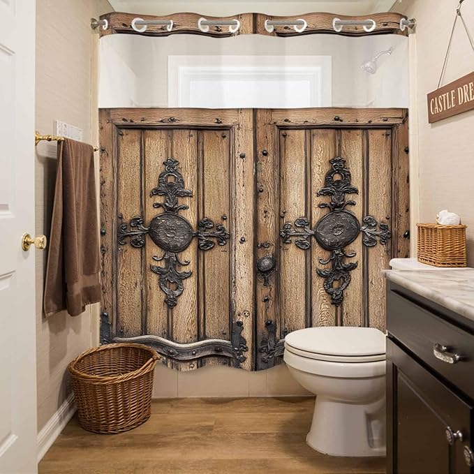 Wood Barn Door No Hook Shower Curtain with Snap in Liner Set, Waterproof Shower Curtains for Bathroom, Wooden Plank Fabric Shower Curtain, See Through Mesh Top Window, 66" W x 72" L