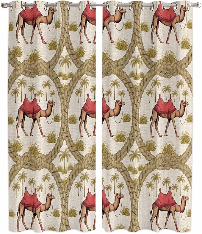 2 Panel Kitchen Cafe Curtains, Camels Palm Trees Sunlight Filtering Nature Air Through, Window Decor Tier Curtains for Living Room 80W x 84L inch Desert Date Coconut Trees Leaves Cords Beige
