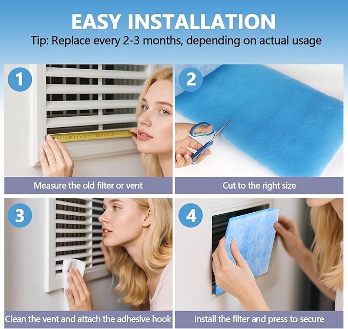 12" x 120" Air Vent Filters, with 48Pcs Adhesive Hook Tape, Cut to Size Air Filter Material HVAC Furnace Filters Kit MERV 8 Triple Vent Filter for Home Floor Register, Ceiling, Grilles