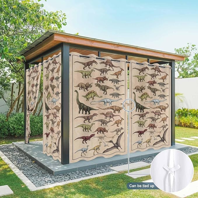 Vintage Outdoor Curtains for Patio Dinosaurs Biographies Retro Waterproof Outside Curtains with Grommet Top Weatherproof Curtain for Cabana Pergola Gazebo, 2 Pack, 54" W x 84" L
