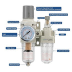 1/4" NPT Compressed Air Filter Regulator Lubricator Combination Water/Oil Trap Separator - Specifications (0-150 psi),5 Micron Brass Element,polyethylene Bowl,Manual Drain,Bracket