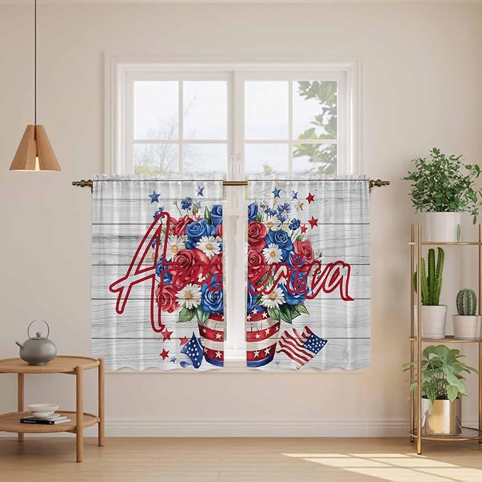 Independence Day Kitchen Tier Curtains 45 Inch Long 2 Panel Set,Rod Pocket Short Window Treatment,4 of July Rose Wooden Grain Vintage Light Filtering Curtains & Drapes for Bathroom 27.5"W x 45"L