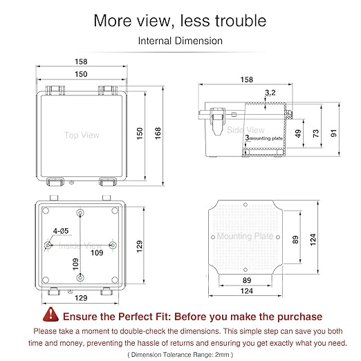 QILIPSU Waterproof Junction Box IP67 Outdoor Plastic Electrical Project Enclosure Weatherproof with Mounting Plate, Wall Brackets, Hinged Grey Cover 5.9"x5.9"x3.5"
