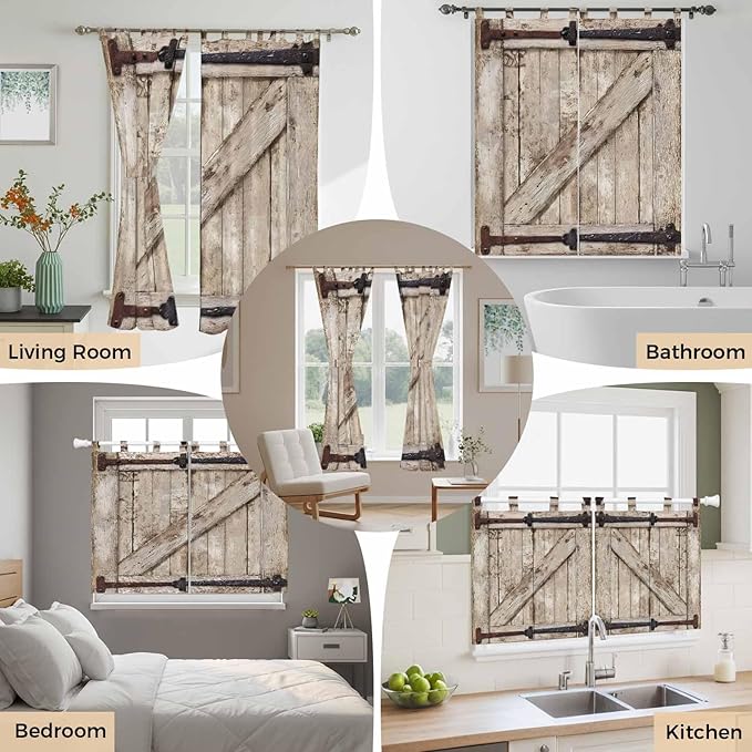 Farmhouse Wood Grain Living Room Curtains 84 Inch Length, Window Curtains Tab Top, Vintage Country Barn Gate Brown Light Filtering Window Treatments Drapes 52"x84" 2 Panel