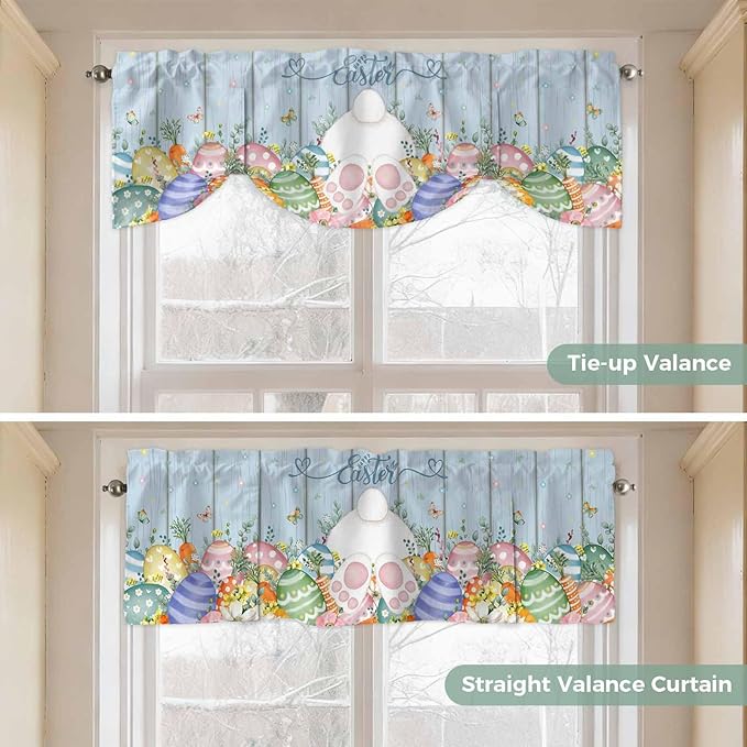 Spring Easter Tie Up Valance Curtains for Windows, Kitchen Curtains Window Shades, Rabbit Ears Foot Colorful Eggs Wooden Plank Light Filtering Roman Curtain Valances for Bedroom/Bathroom/Cafe 54"x18"