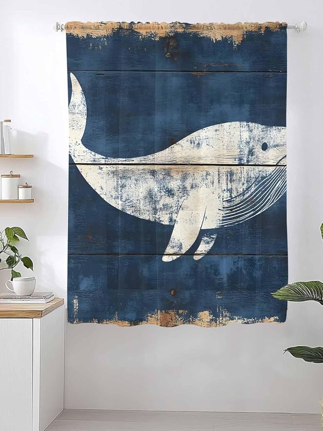 Sheer Curtains 63 Inch Length, Ocean Whale Blue Semi Sheer Curtains Light Filtering Window Treatment, Summer Sea Vintage Wooden Grain Privacy Voile Drapes for Living Room Bedroom 52x63 Inch