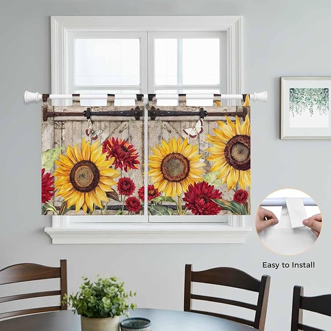 Sunflowers Kitchen Curtains 24 Inch Length, Small Window Curtains Tab Top, Retro Flower Barn Doors Butterfly Farmhouse Brown Light Filtering Short Window Treatments Tier Drapes 27.5"x24" 2 Panel