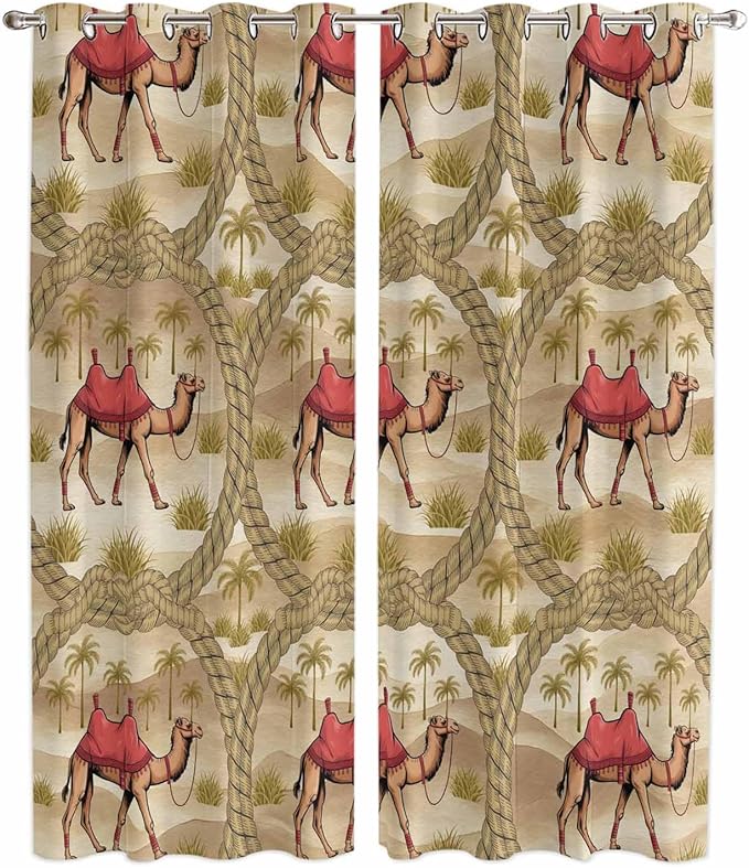 2 Panel Kitchen Cafe Curtains, Desert Camels Sunlight Filtering Nature Air Through, Home Decor Window Covering Tier Curtains for Living Room 104W x 90L inch Tropical Palm Trees Sand Cords Brown