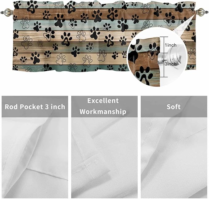 Dog Paws Valance Curtains for Kitchen, Teal Brown Wood Grain Privacy Rod Pocket Valance Curtain, Light-Filtering Window Treatment for Bedroom Bathroom, 54"x18"