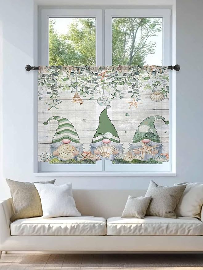 Sheer Curtains 45 Inch Length, Coastal Eucalyptus Leaf Semi Sheer Curtains Light Filtering Window Treatment, Sage Green Gnomes Starfish Privacy Voile Drapes for Living Room Bedroom 52x45 Inch
