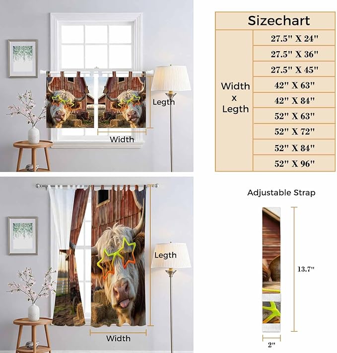 Farm Yaks Kitchen Curtains 45 Inch Length, Short Cafe Window Curtains Tab Top, Farmhouse Barn Funny Animals Butterfly Light Filtering Window Treatments Tier Drapes 27.5"x45" 2 Panel