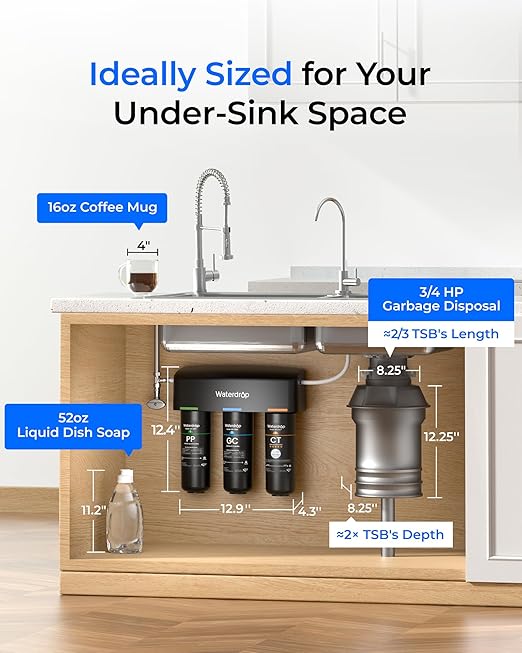Waterdrop TSB 8 Layer Under Sink Water Filter, Reduces PFAS, PFOA/PFOS, Fluoride, Chlorine, Bad Taste & Odor, with Dedicated Faucet, NSF/ANSI 42 Certified Element, Under Sink Water Filtration System
