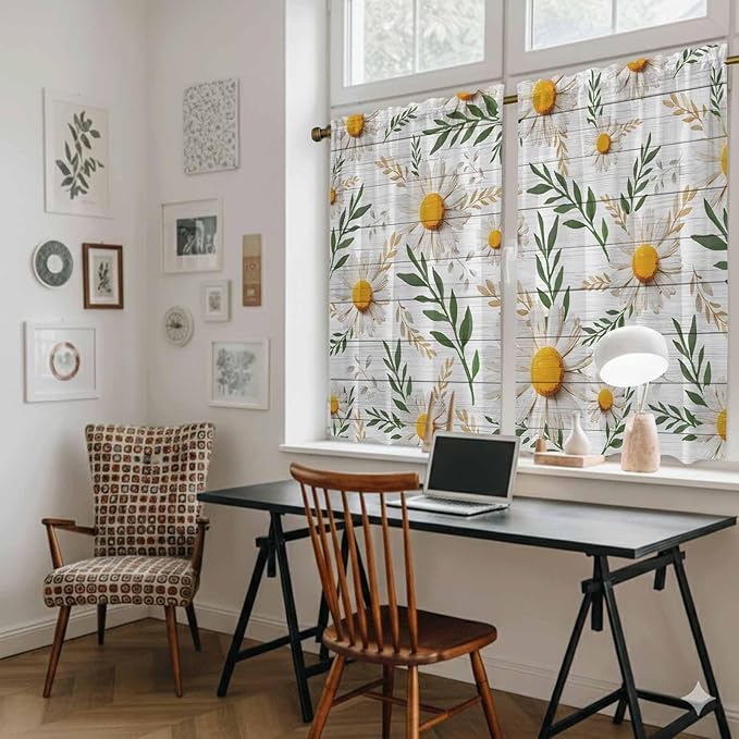 Spring Daisy Kitchen Curtains, Farmhouse Country Flower Leaf Plant Wood Grain Light Filtering Window Curtain Panels, 2Pcs Rod Pocket Window Treatments Set for Study Room Bathroom Bedroom 52x54 Inches