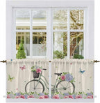 Farmhouse Spring Tier Curtains, Retro Bicycles Flowers Vines Butterfly Light Filtering Kitchen Curtains, 2Pcs Rod Pocket Half Window Treatments Panels for Sink Cafe Cabinet Camper 27.5x36 Inches