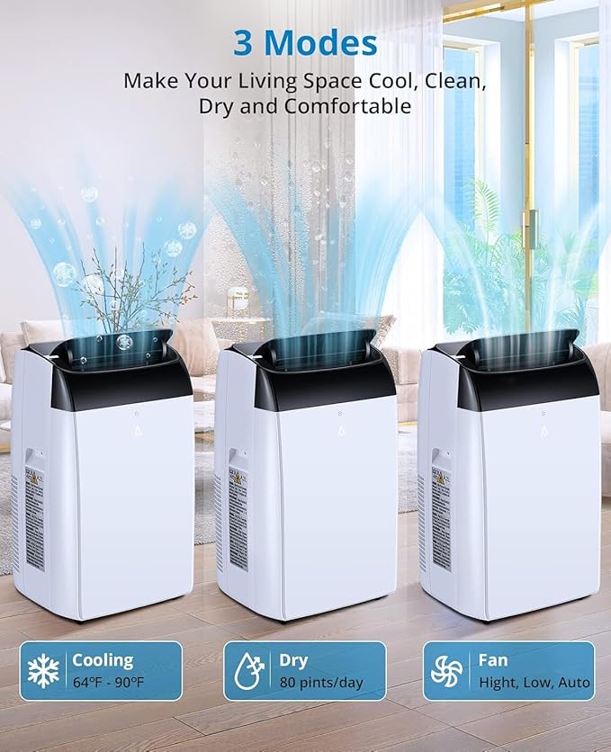 14000 BTU Portable Air Conditioner, Portable AC Unit with Fan & Dehumidifier, Air Conditioner Portable for Rooms Up to 750 Sq Ft, Remote Control, 24H Timer for Bedroom, Office, Apartment, White