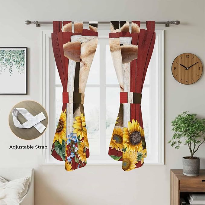 Sheep Sunflower Bedroom Curtains 72 Inch Length, Window Curtains Tab Top, Country Red Farm Barn Spring Flowers Light Filtering Window Treatments Drapes 52"x72" 2 Panel