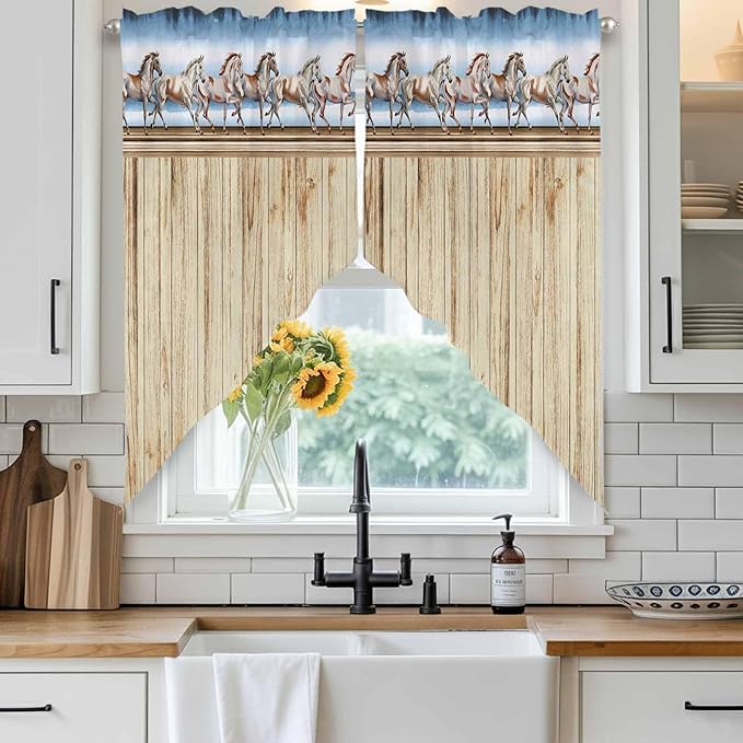 Western Horse Swag Valances for Windows, Farmhouse Wooden Grain Vintage Cowboy Barn Door Rod Pocket Kitchen Curtains Valance, Small Window Curtains Swag for Cafe Living Room, 2 Panels, 36x36 inch