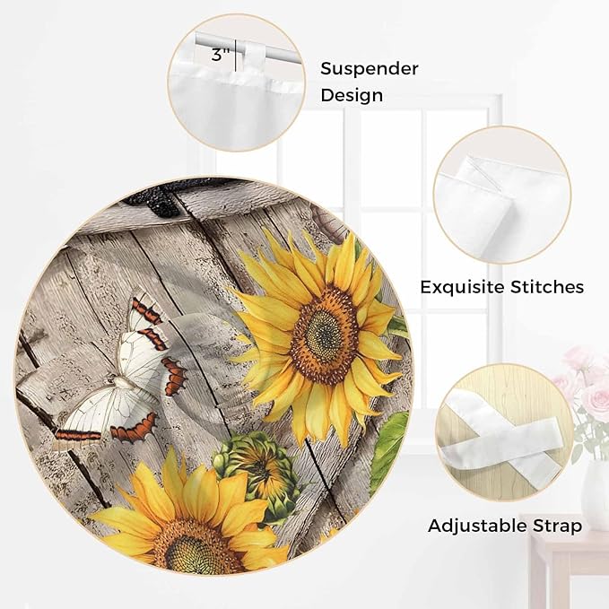 Farmhouse Sunflowers Living Room Curtains 84 Inch Length, Window Curtains Tab Top, Rustic Barn Doors Flowers Butterfly Wooden Light Filtering Window Treatments Drapes 52"x84" 2 Panel