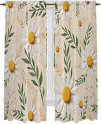 Spring Daisy Kitchen Curtains, Country Watercolor Flower Leaf Plant Light Filtering Window Curtain Panels, 2Pcs Rod Pocket Window Treatments Set for Living Room Bathroom Bedroom 52x72 Inches