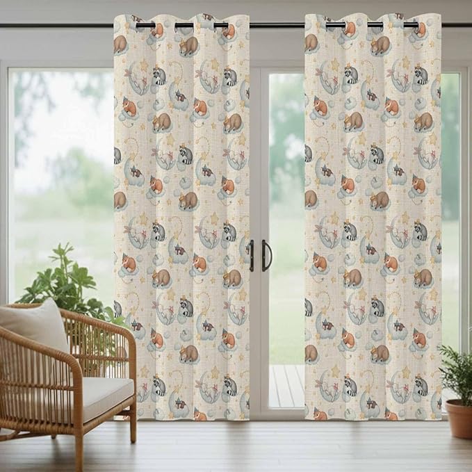 Cartoon Animals Outdoor Curtains for Patio Raccoons Rabbits Moon Linen Texture Waterproof Outside Curtains with Grommet Top Weatherproof Curtain for Cabana Pergola Gazebo, 2 Pack, 54" W x 108" L