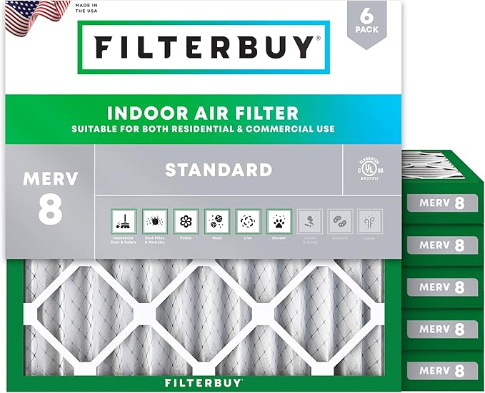 Filterbuy 12x12x2 Air Filter MERV 8 Essential Dust & Allergy Defense (6-Pack), Electrostatic Pleated HVAC AC Furnace Filters Replacement, Made in USA (Actual Size: 11.50 x 11.50 x 1.75)