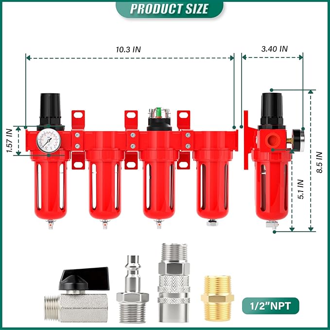 Industrial Grade 4-Stage Aluminum Air Drying System, 1/2 Inch NPT, 0-150 PSI, Desiccant Dryer, air Regulator, Particulate Filter and Coalescing Filter (Manual Drainage)