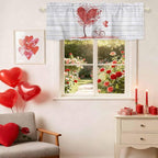 Valentine's Day Valance Curtains for Kitchen, Red Love Trees Bicycles Balloons Wood Grain Privacy Rod Pocket Valance Curtain, Light-Filtering Window Treatment for Bedroom Bathroom, 60"x18"