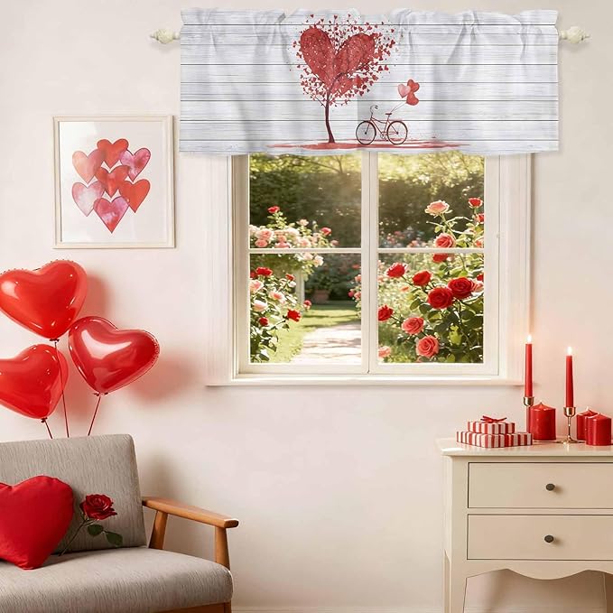 Valentine's Day Valance Curtains for Kitchen, Red Love Trees Bicycles Balloons Wood Grain Privacy Rod Pocket Valance Curtain, Light-Filtering Window Treatment for Bedroom Bathroom, 60"x14"