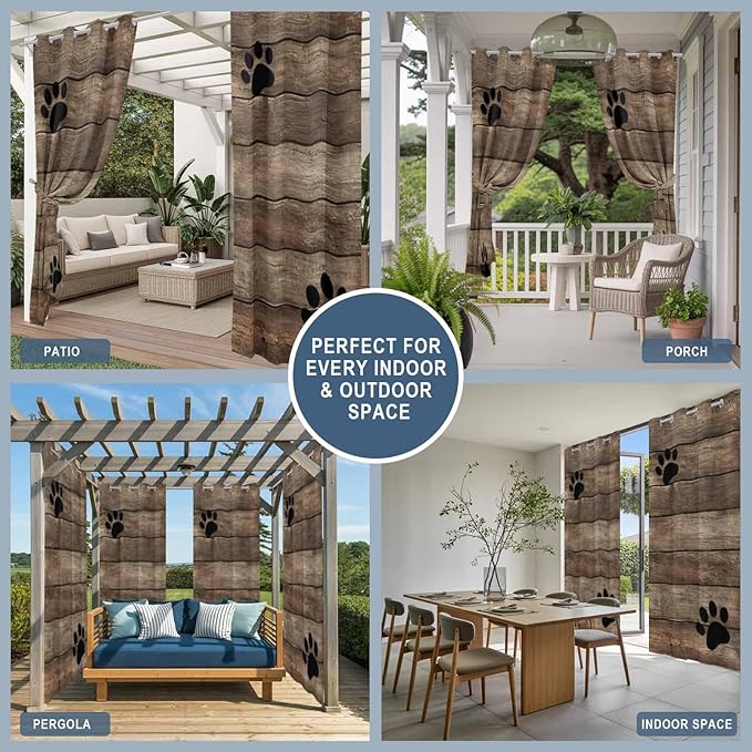 Wood Grain Outdoor Curtains for Patio Claws Animals Wooden Brown Vintage Waterproof Outside Curtains with Grommet Top Weatherproof Curtain for Cabana Pergola Gazebo, 2 Pack, 54" W x 95" L