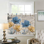 Blue Yellow Tulips Kitchen Curtains 45 Inch Length, Short Cafe Window Curtains Tab Top, Retro Farmhouse Flower Barn Doors Wooden Light Filtering Window Treatments Tier Drapes 27.5"x45" 2 Panel