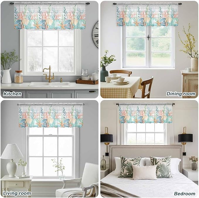 Summer Beach Sheer Valance Curtains, Ocean Colorful Coral Shell Seaweed Starfish Wood Grain Light Filtering Kitchen Valances Rod Pocket Voile Curtain Treatment for Bedroom/Living Room/Basement 42Wx12L