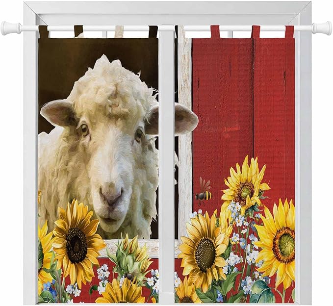 Sheep Flowers Living Room Curtains 84 Inch Length, Window Curtains Tab Top, Country Red Barn Botanical Sunflowers Light Filtering Window Treatments Drapes 42"x84" 2 Panel