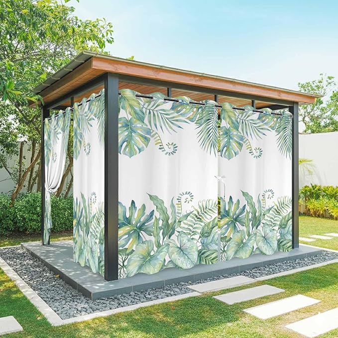 Leaves Outdoor Curtains for Patio Green Leaf Tropical Plants Farmhouse Pastoral Waterproof Outside Curtains with Grommet Top Weatherproof Curtain for Cabana Pergola Gazebo, 2 Pack, 54" W x 108" L