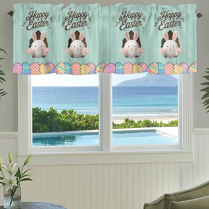 Green Easter Curtain Valances for Windows, Kitchen Valance Window Treatment, Spring Cartoon Bunny Colorful Eggs Wood Grain Light Filtering Block Curtains for Bathroom/Bedroom/Living Room 60'' x 18''