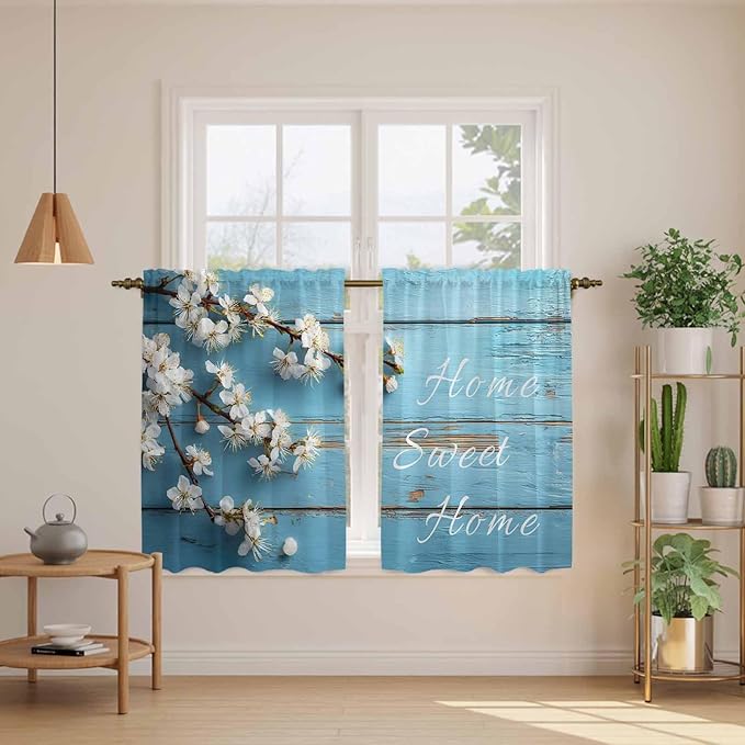 Farmhouse Wooden Grain Kitchen Curtains, Vintage Shabby Chic Flower Blue Light Filtering Window Curtain Panels, 2Pcs Rod Pocket Window Treatments Set for Cabin Bathroom Bedroom 52x45 Inches