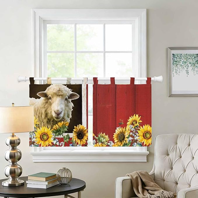 Sheep Flowers Kitchen Curtains 36 Inch Length, Small Window Curtains Tab Top, Country Red Barn Botanical Sunflowers Light Filtering Short Window Treatments Tier Drapes 27.5"x36" 2 Panel