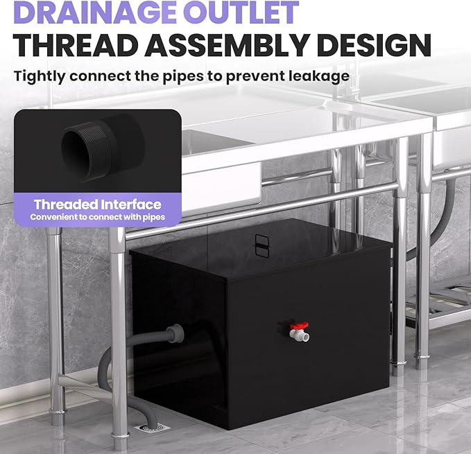 Commercial Grease Trap 40 LBS Carbon Steel Grease Interceptor, 15 GPM Flow Rate Under Sink Design, Dual Filter Tube for Restaurant Home Kitchen Food Processing Plant Wastewater Separation