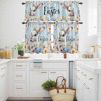 Happy Easter Kitchen Curtains Set 3 Piece for Windows,Rod Pocket Valance and Tier Set 24 Inch Length,Spring Grey Bunny Colorful Eggs Flower Blue Light Filtering Cafe Curtains for Living Room